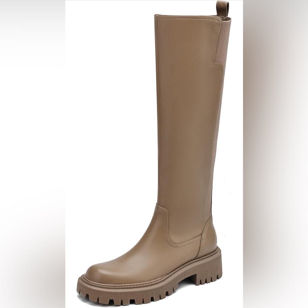 Taupe Khaki Women's Knee High Boots Chunky Platform Lug Sole Tall Riding Stretch - Picture 4 of 6